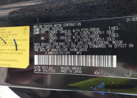 2007 Lexus Rx 400H из США, поврежденный, VIN JTJHW31UX72021499